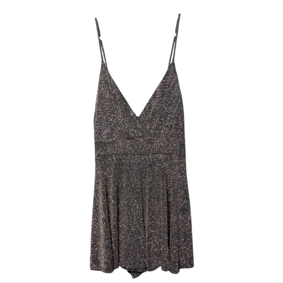 AKIRA Pants - Akira Romper Elegant Black Gold Sparkly Women's Faux Dress Size Medium Glittery